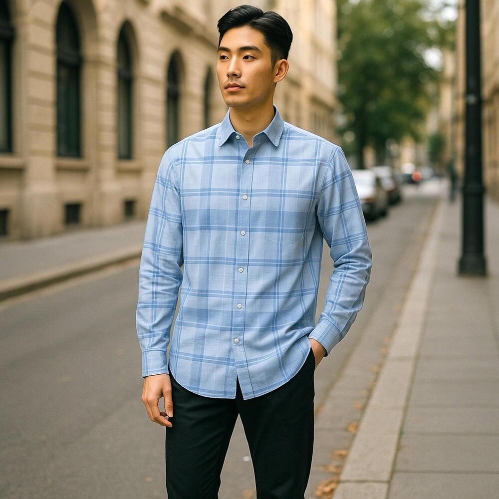 Banana Republic Men's Button Grant Fit Blue Plaid Long Sleeve XL